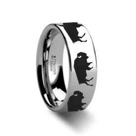 Animal Design Buffalo Print Laser Engraved Flat Polished Tungsten Wedding Band for Men and Women - 4MM - 12MM