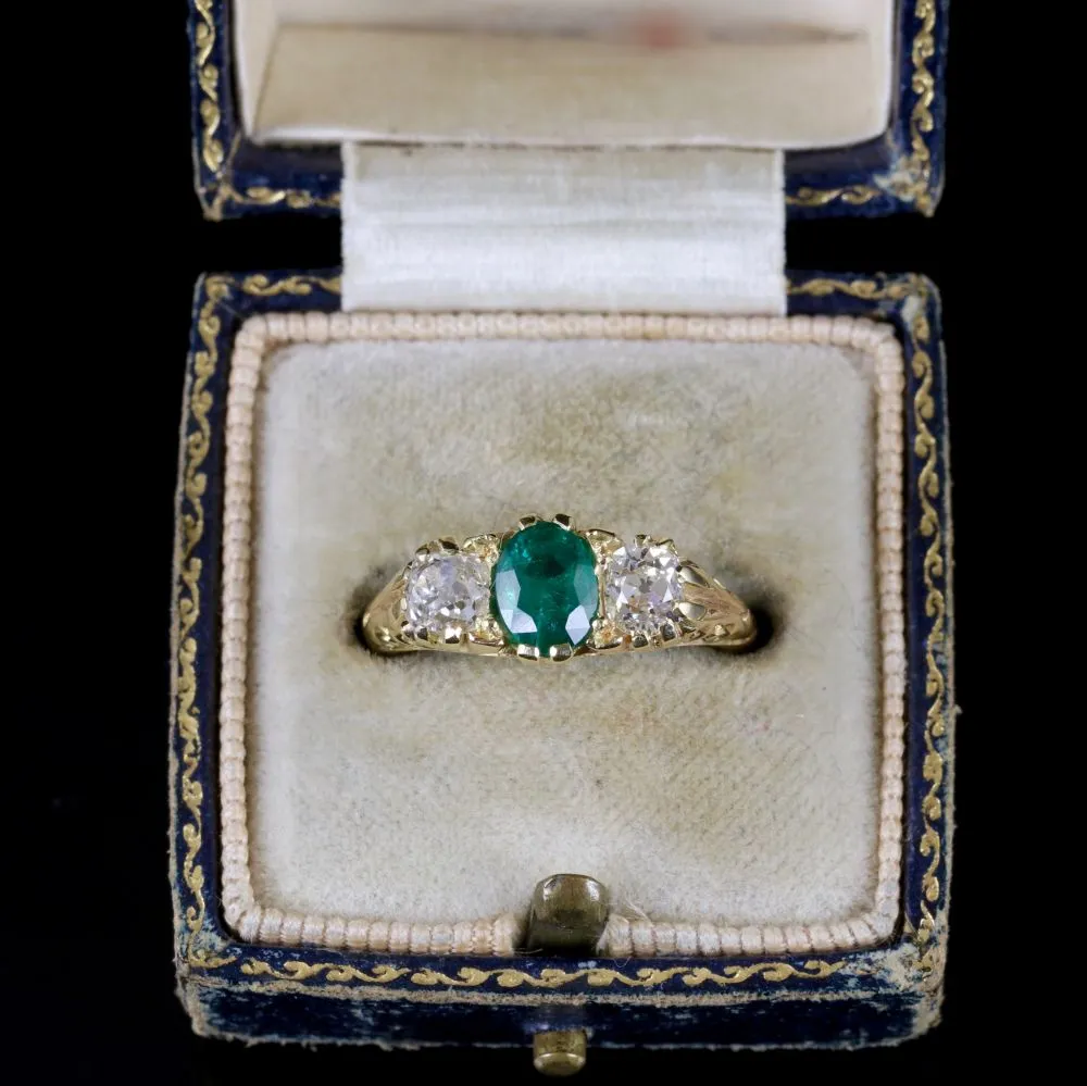 Antique Victorian Emerald Diamond Ring 18Ct Gold Circa 1880