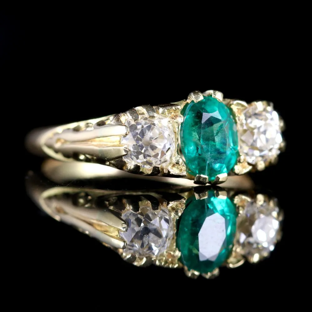 Antique Victorian Emerald Diamond Ring 18Ct Gold Circa 1880