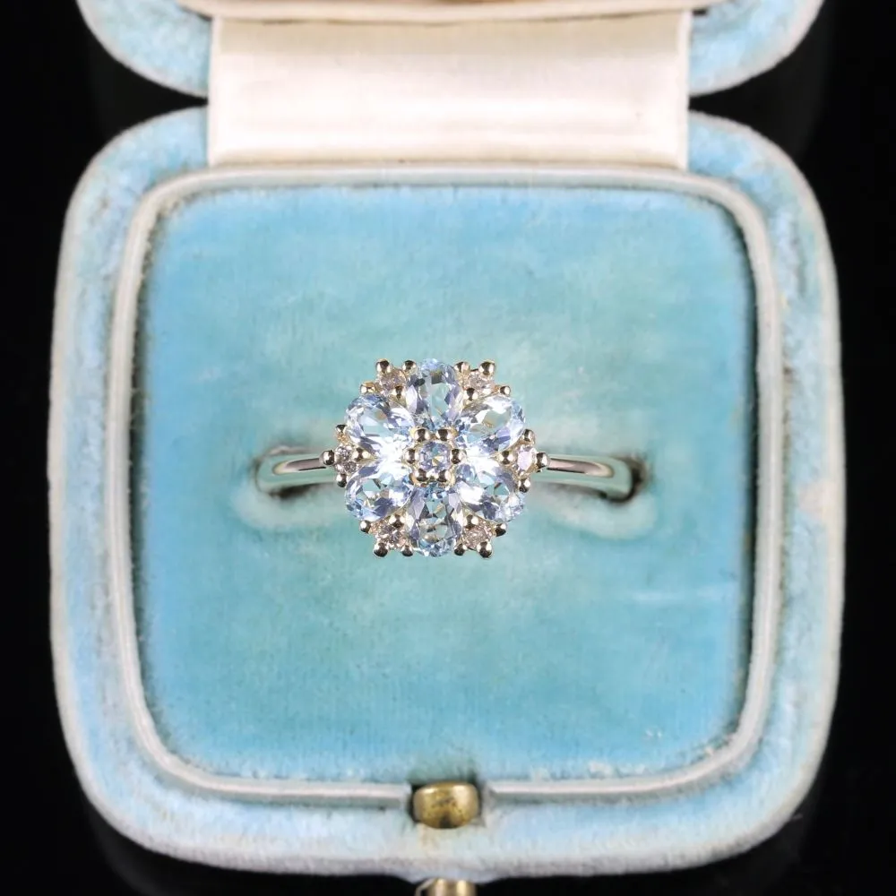 Aquamarine Diamond Cluster Ring 9Ct Yellow Gold