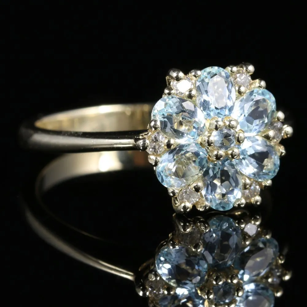 Aquamarine Diamond Cluster Ring 9Ct Yellow Gold