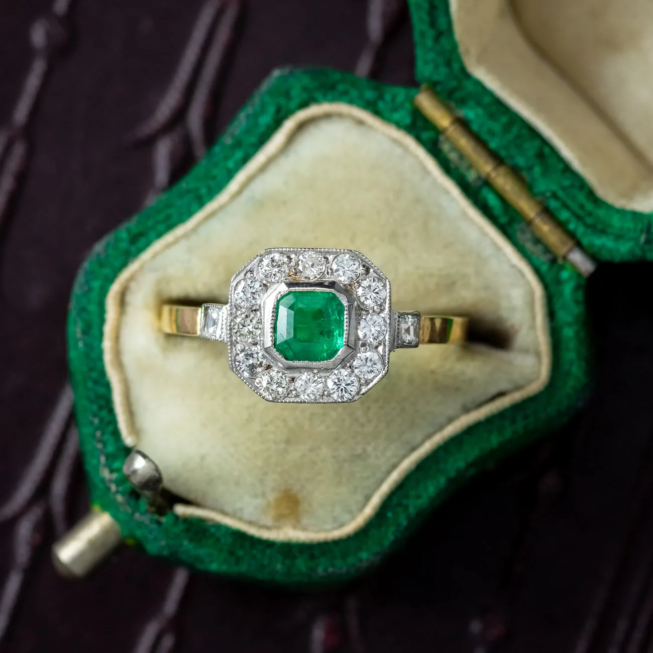 Art Deco Style Emerald Diamond Cluster Ring 0.40ct Emerald