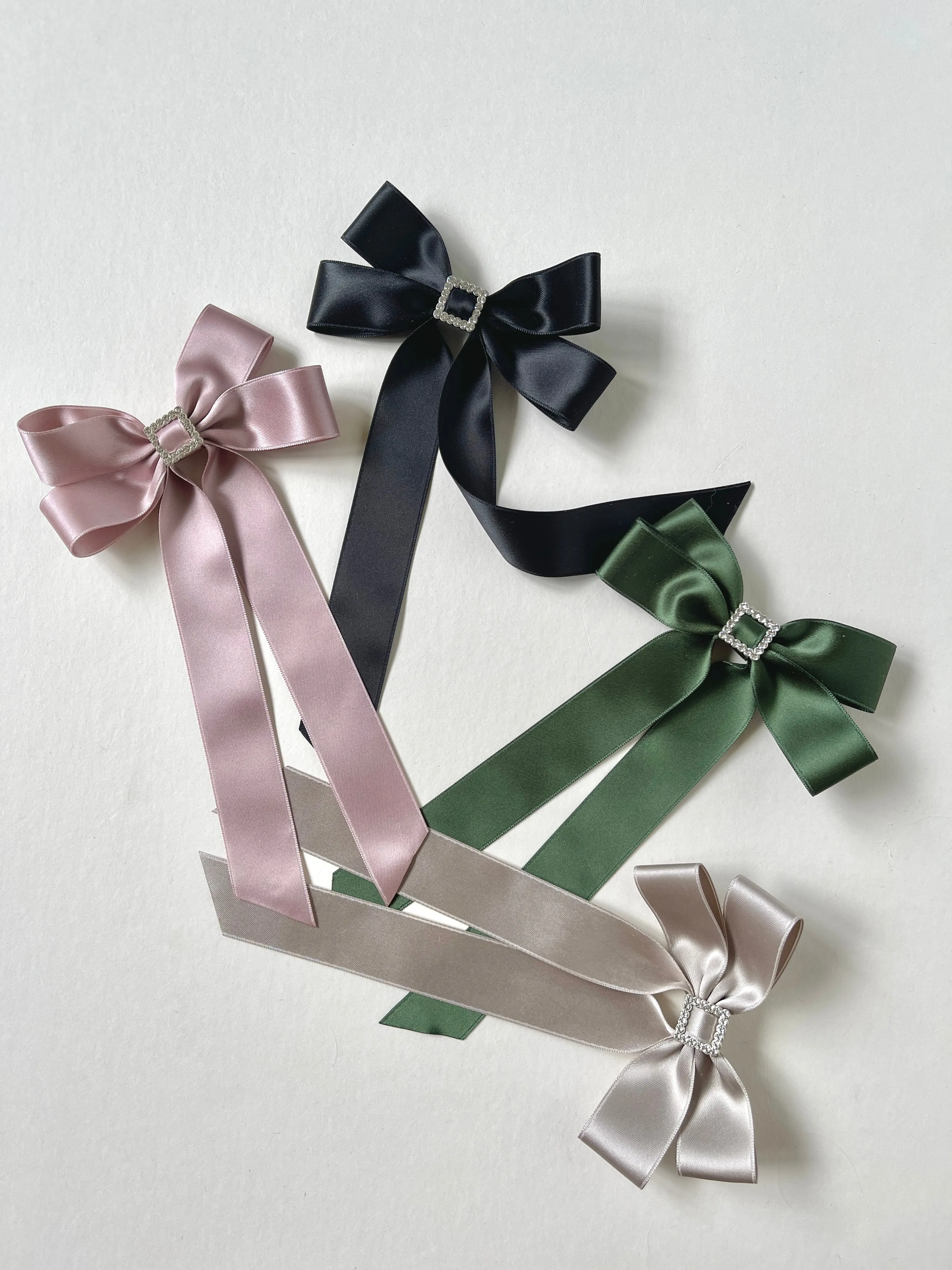 Bow-Tie Buckle Satin Long Bow | Silky Satin Ribbon | Crystal Buckle Center | Made to Order