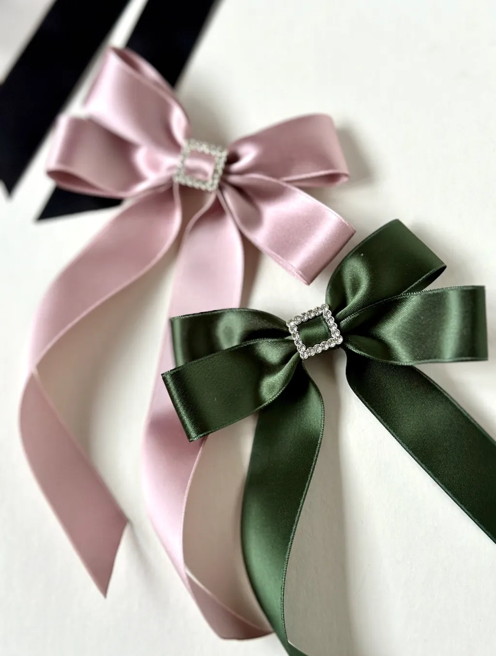 Bow-Tie Buckle Satin Long Bow | Silky Satin Ribbon | Crystal Buckle Center | Made to Order