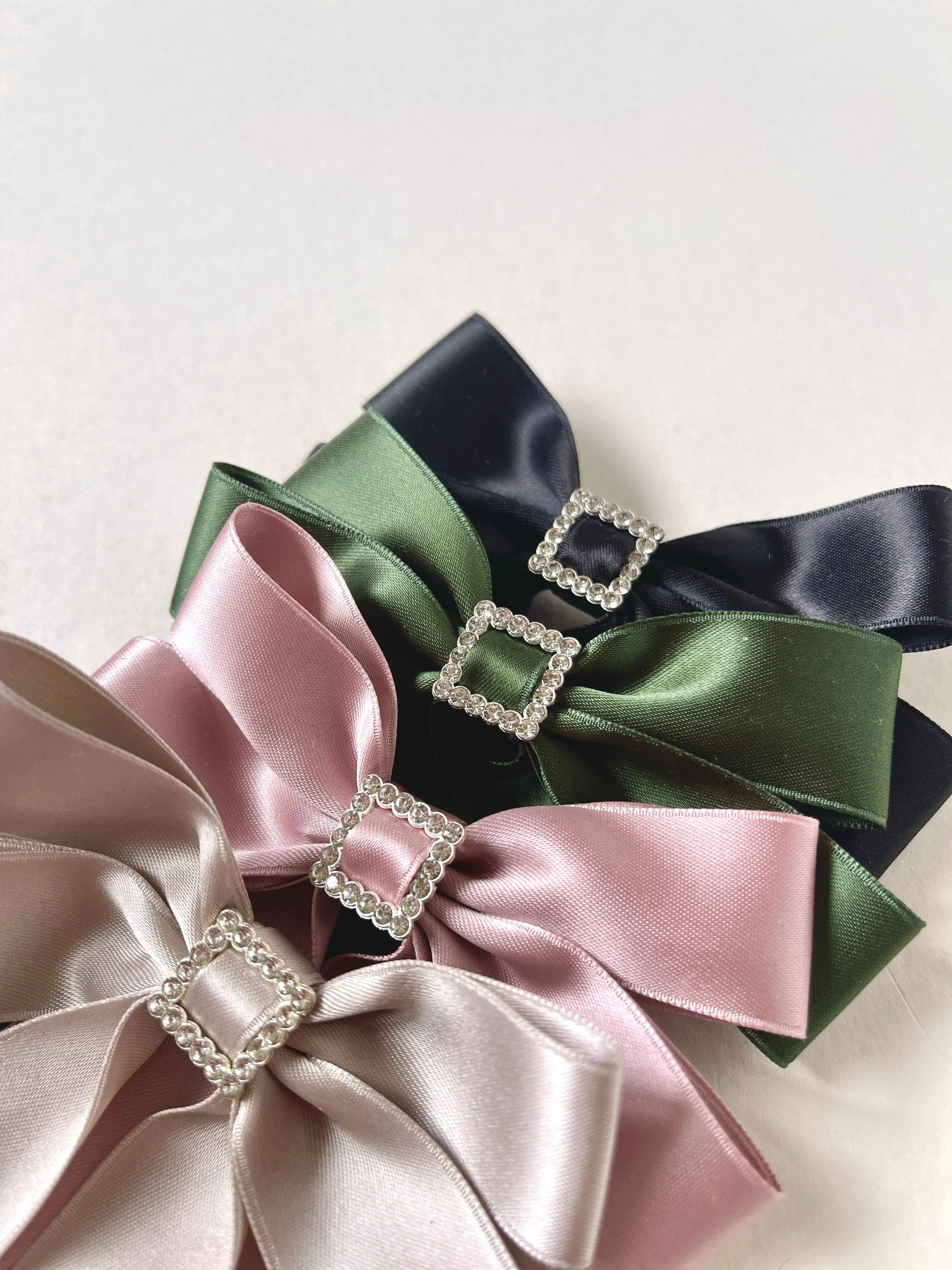 Bow-Tie Buckle Satin Long Bow | Silky Satin Ribbon | Crystal Buckle Center | Made to Order