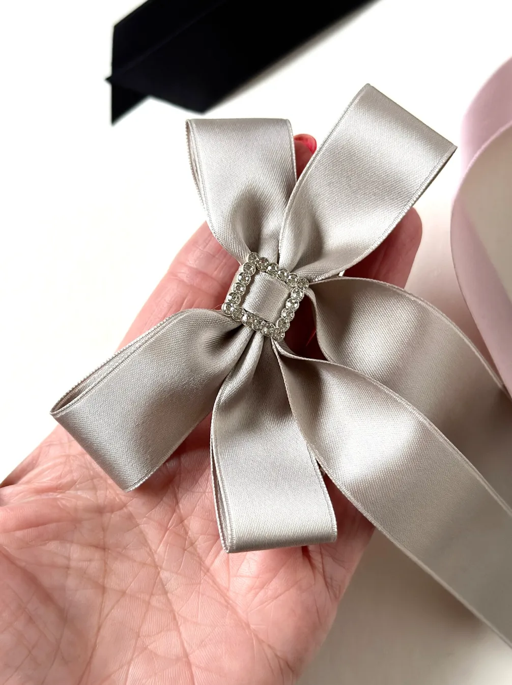 Bow-Tie Buckle Satin Long Bow | Silky Satin Ribbon | Crystal Buckle Center | Made to Order