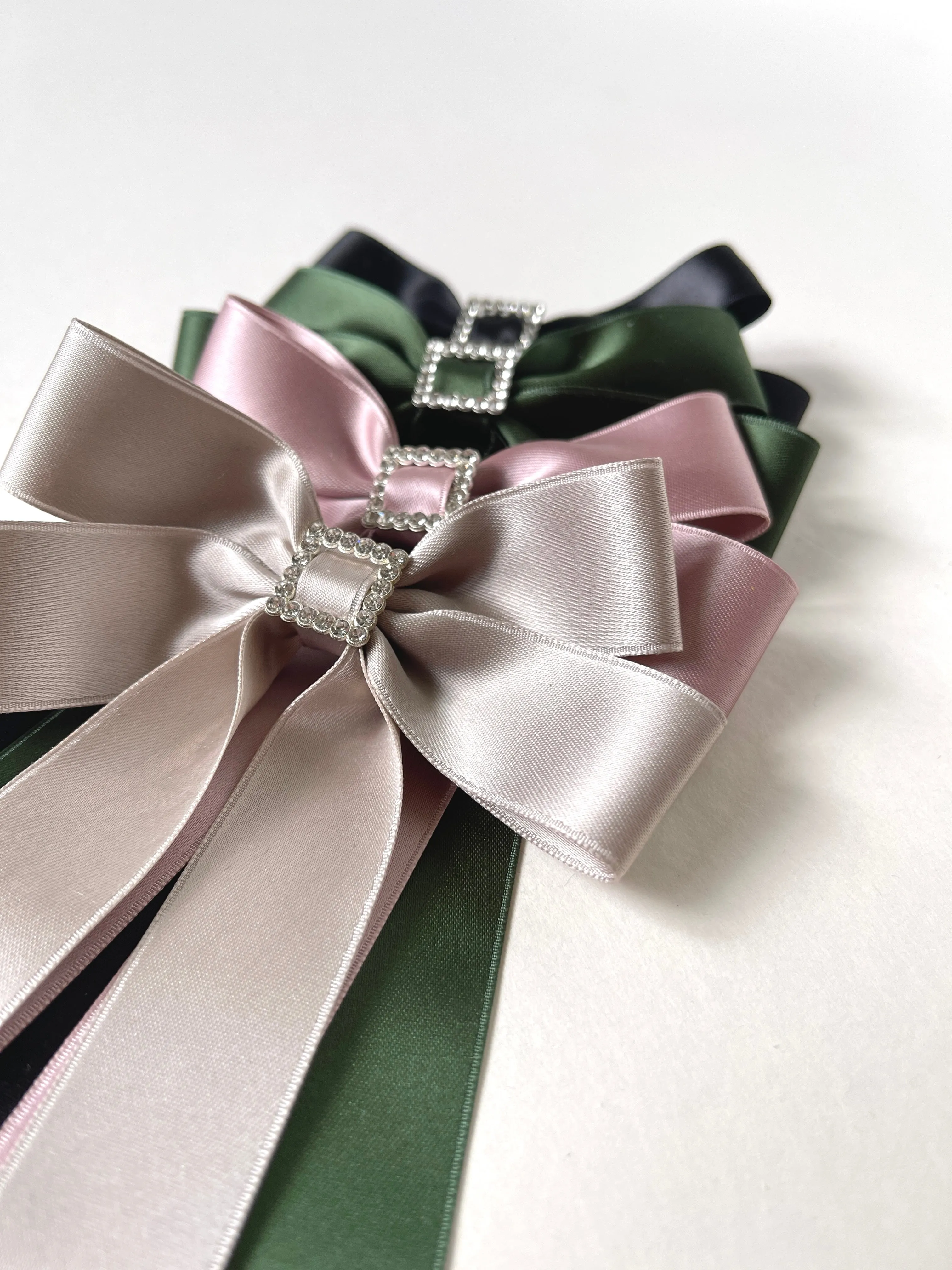 Bow-Tie Buckle Satin Long Bow | Silky Satin Ribbon | Crystal Buckle Center | Made to Order