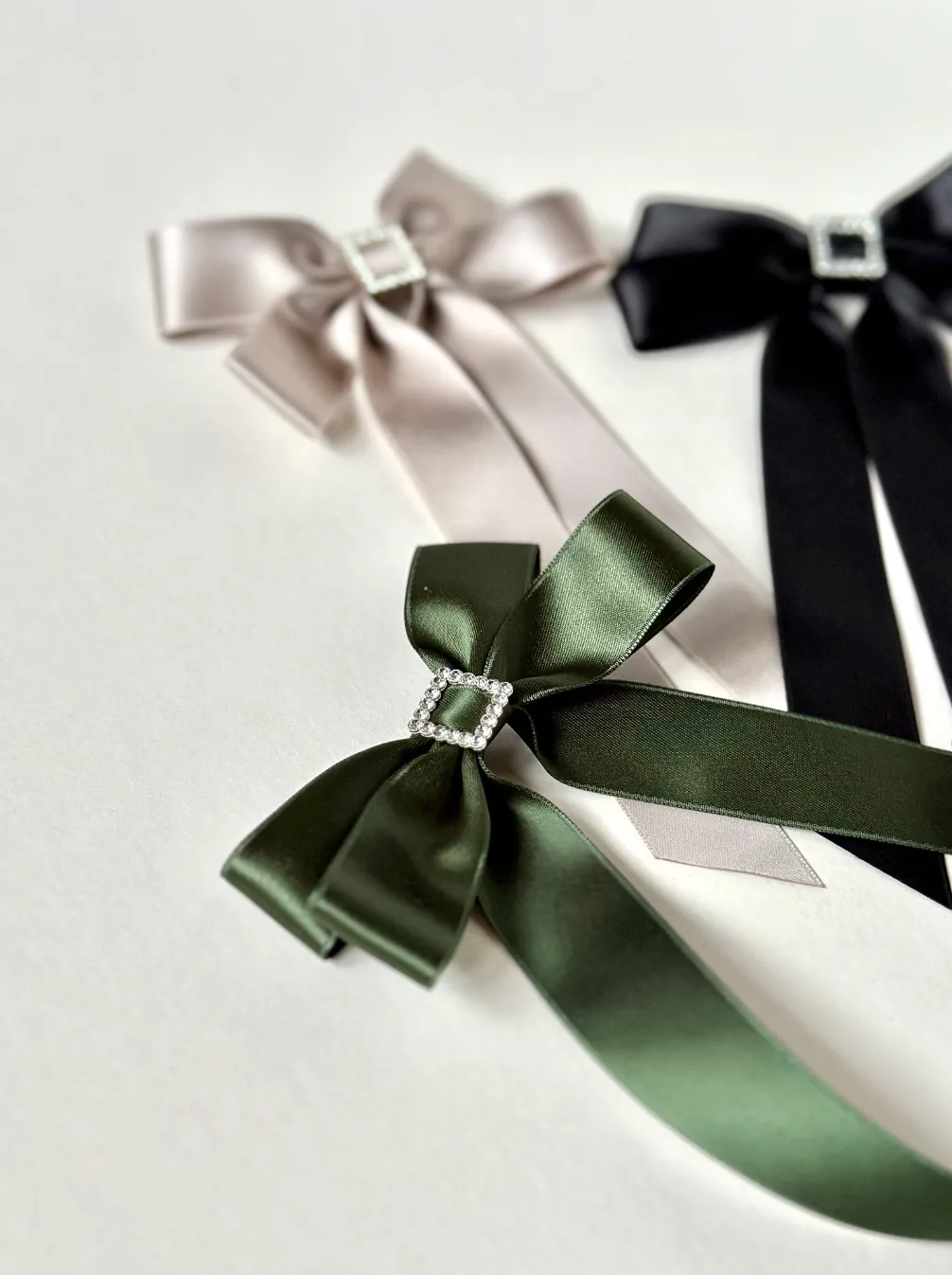 Bow-Tie Buckle Satin Long Bow | Silky Satin Ribbon | Crystal Buckle Center | Made to Order