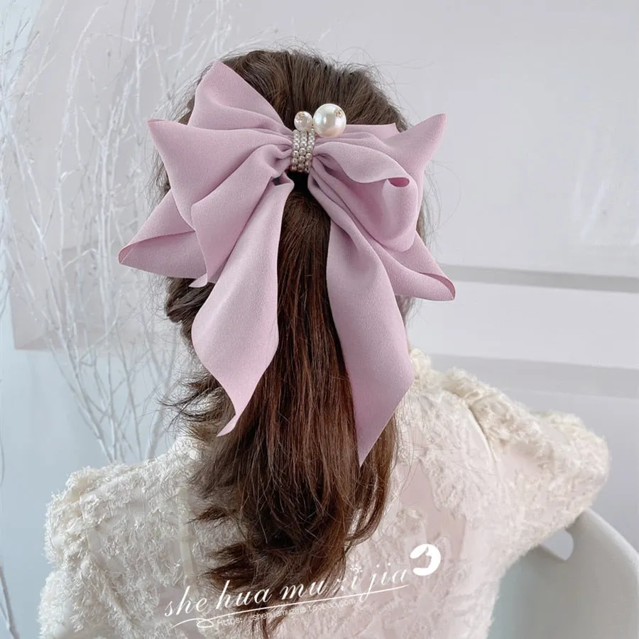 Bowknot Pearl Barrettes Clips Women Ribbon Hair Accessories