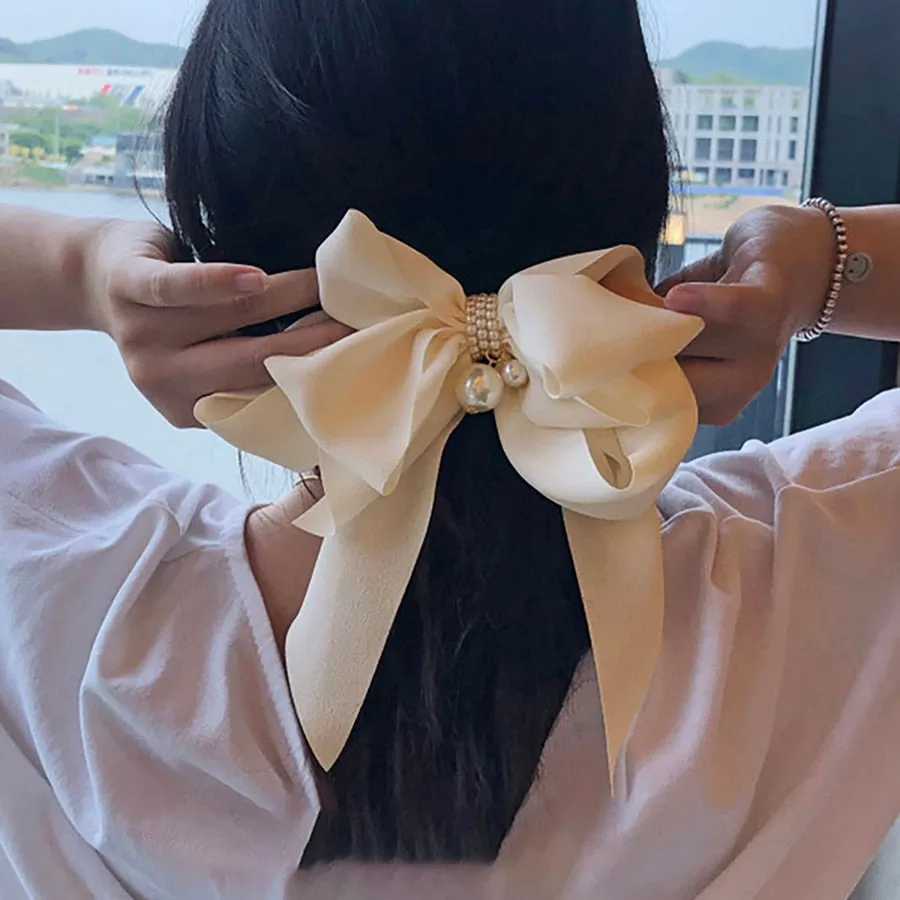 Bowknot Pearl Barrettes Clips Women Ribbon Hair Accessories