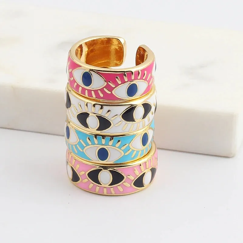 Bright-Colored Engraved Lucky Eyes Enamel Rings