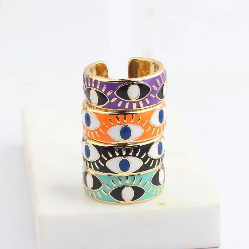 Bright-Colored Engraved Lucky Eyes Enamel Rings