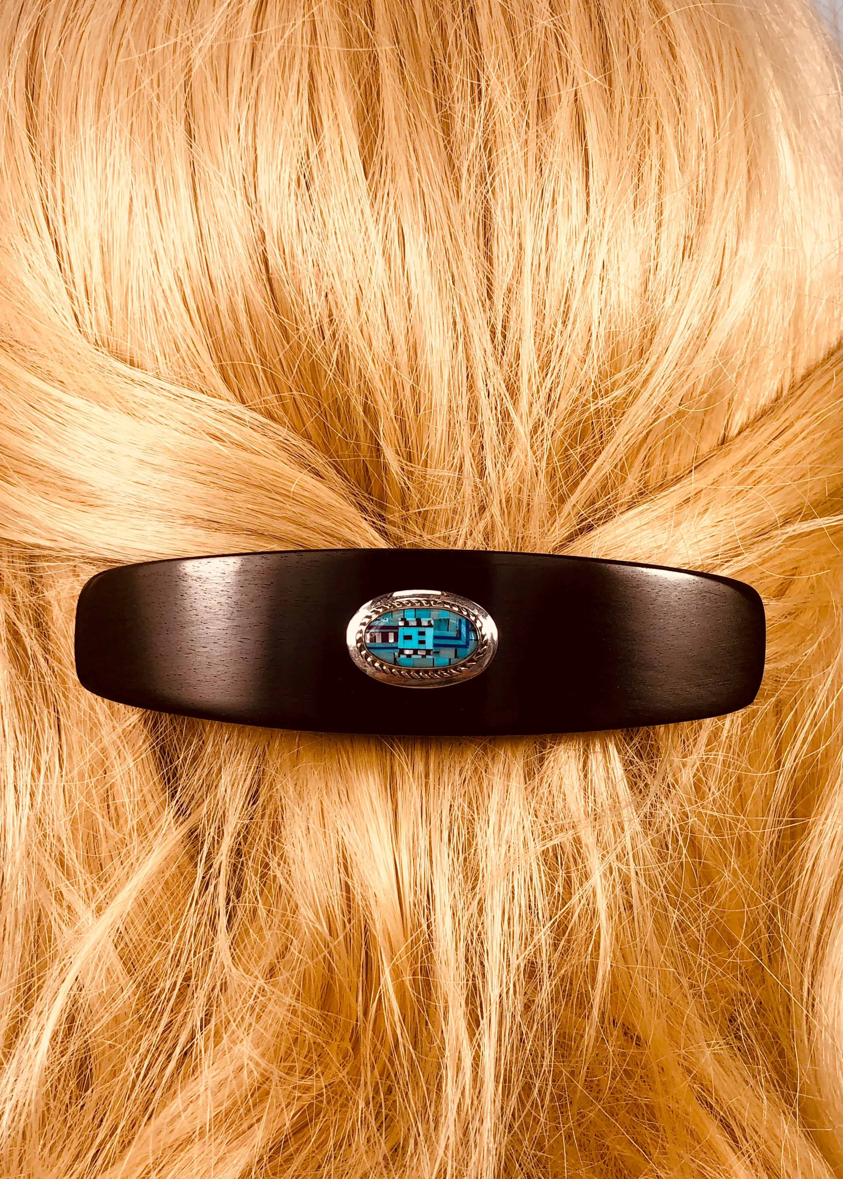 Ebony Turquoise and Jet Tetris barrette, Heirloom Hair Clip, Ebony Gemstone Barrette