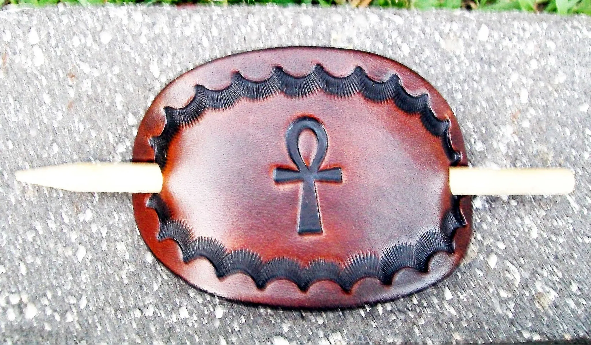 Egyptian Ankh Handmade Leather Stick Barrettes - Medium