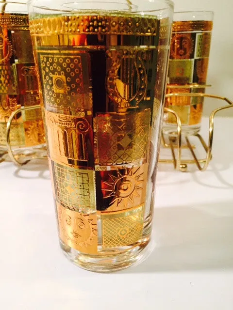 Georges Briard - Signed 22 Karat Gold, Golden Celeste Highball Set with Carrier (Set of 8 Highball Glasses & Carrier)