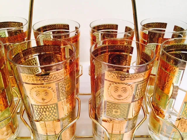 Georges Briard - Signed 22 Karat Gold, Golden Celeste Highball Set with Carrier (Set of 8 Highball Glasses & Carrier)