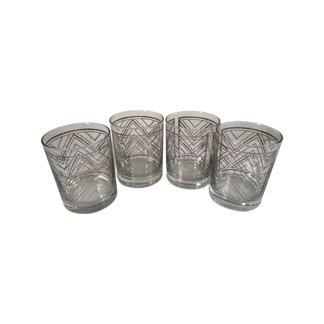 Georges Briard Signed Mid-Century Silver Geometric Double Old Fashion Glasses (Set of 4)