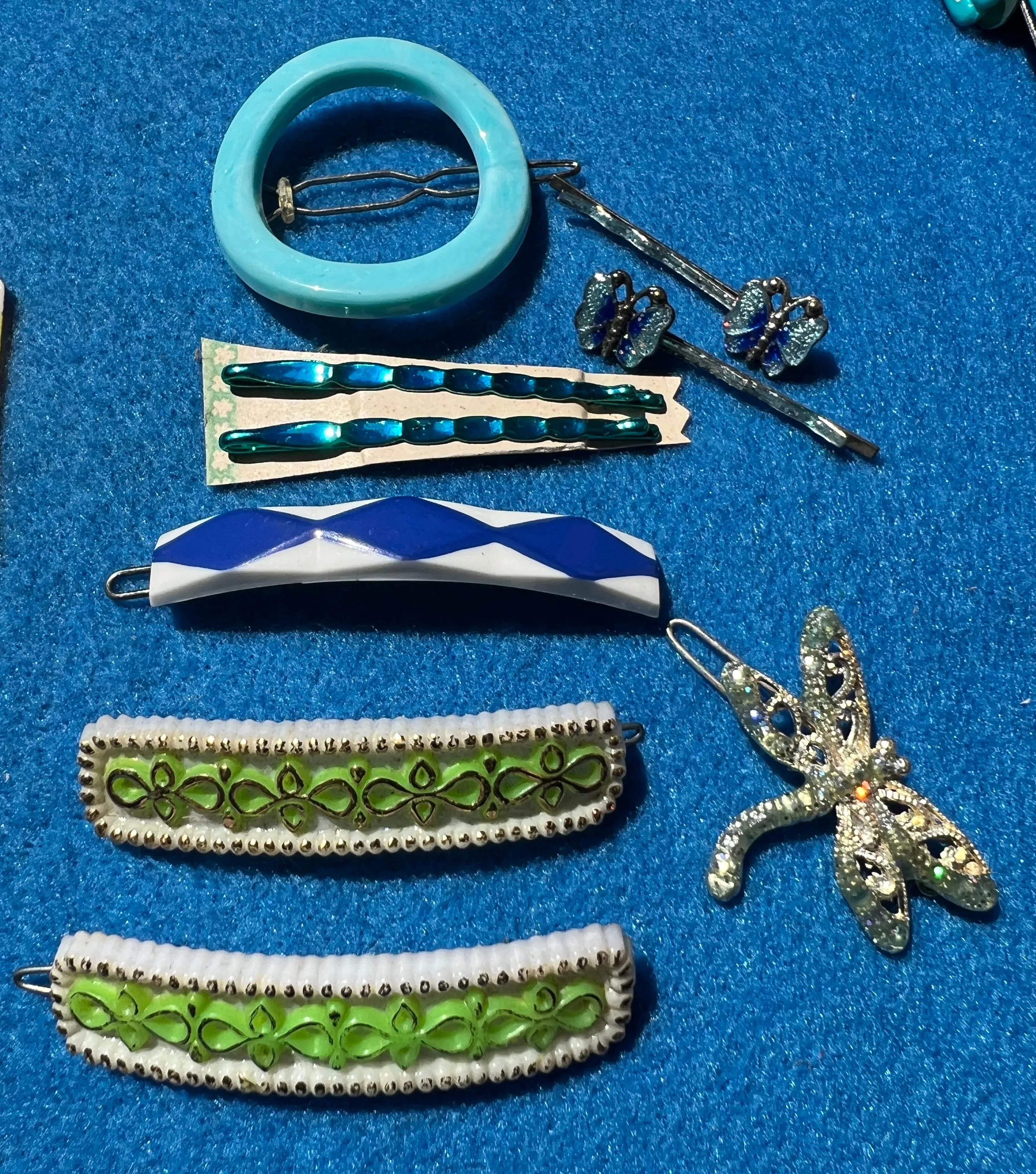 Job Lot of 21 Vintage Blue and Green Barrettes, Hair Clips and Pins