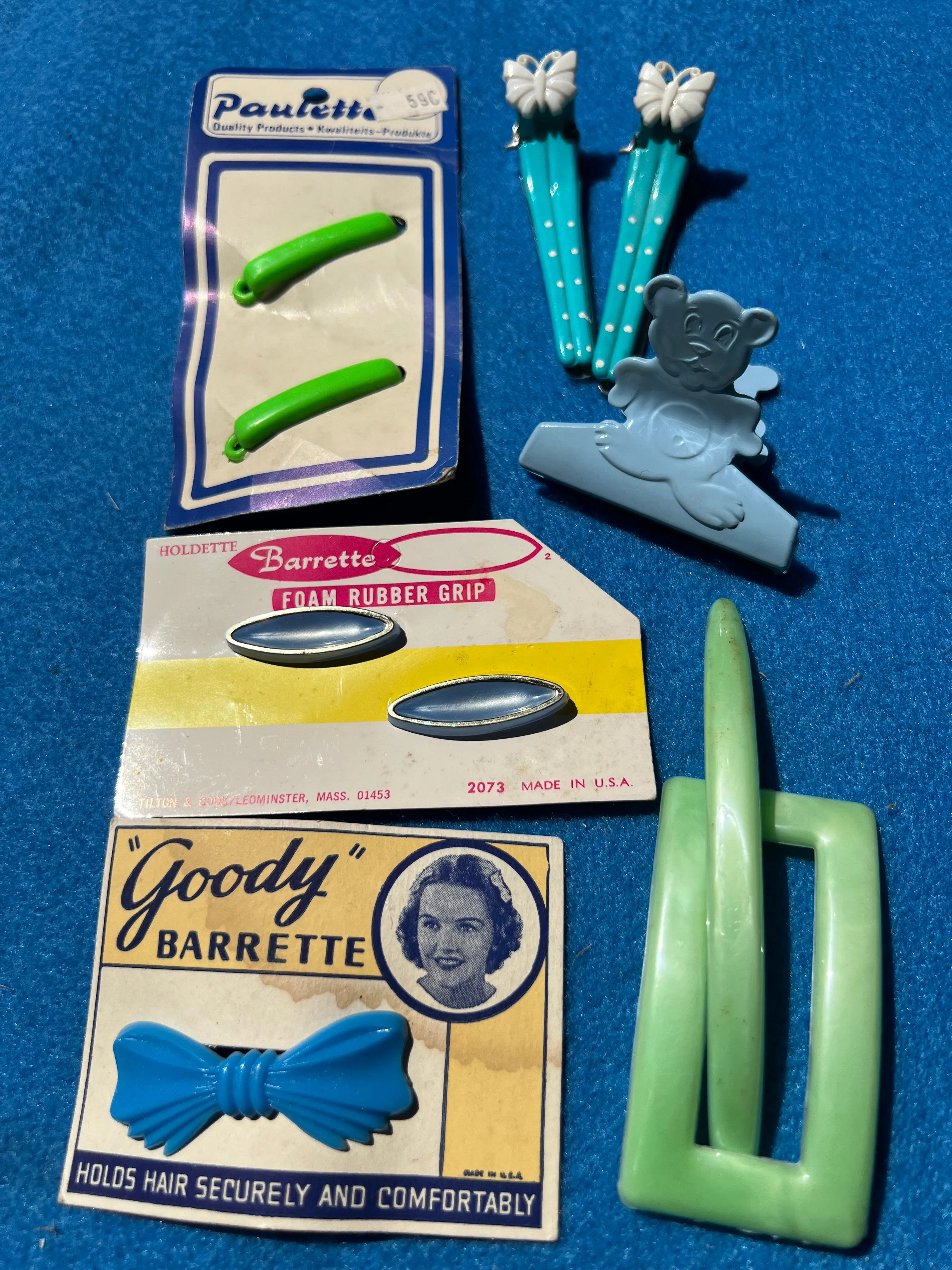 Job Lot of 21 Vintage Blue and Green Barrettes, Hair Clips and Pins