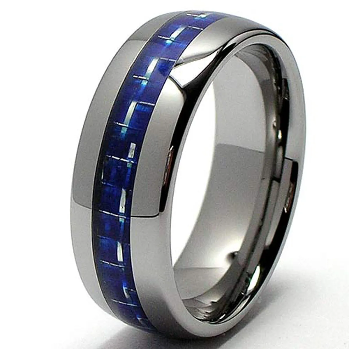 Men's 8MM Dome Tungsten Carbide Ring Wedding Band W/ Blue Carbon Fiber Inlay Sizes 6 to 13