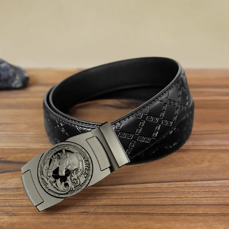 Men's DIY Gray Horse Head Automatic Buckle Leather Belt