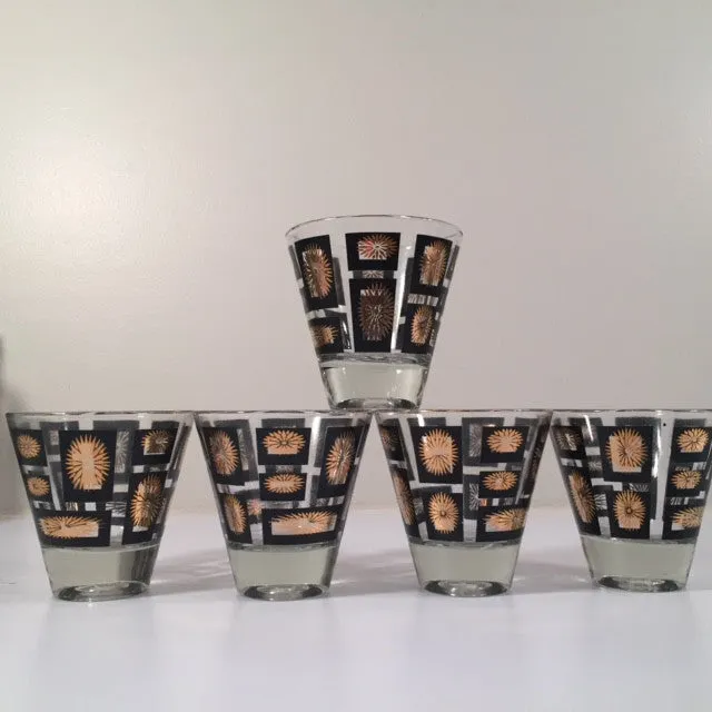 Mid-Century Jeannette Glassware Black and 22-Karat Gold Geometric 25-Piece Bar Set