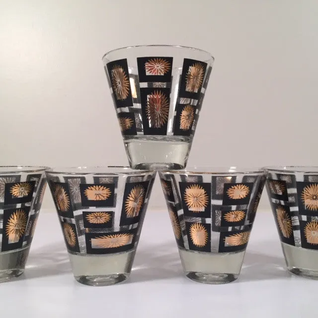 Mid-Century Jeannette Glassware Black and 22-Karat Gold Geometric 25-Piece Bar Set