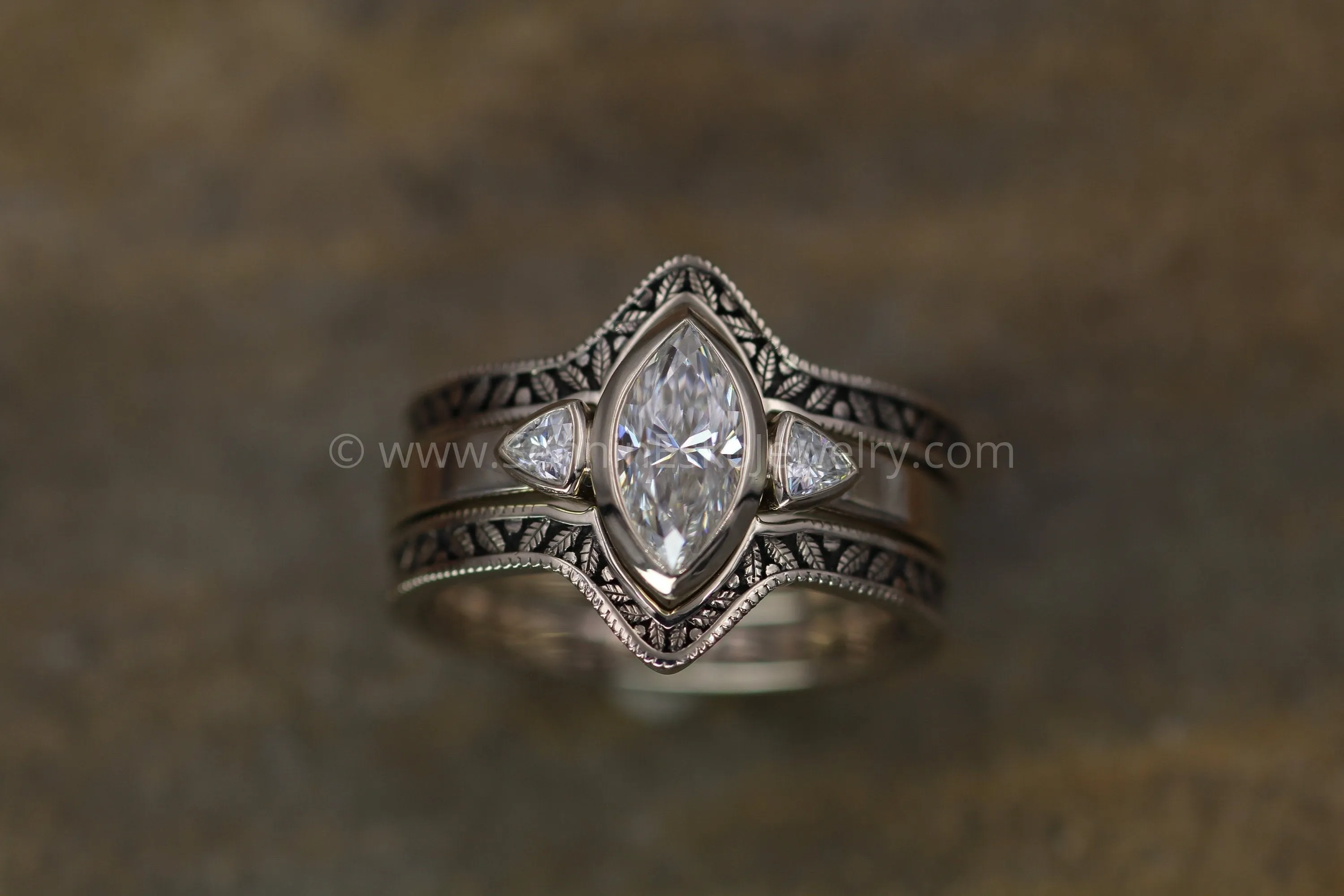 Moissanite White Gold Hand Made Leaf Engraved Vintage Engagement Ring Set - Marquise