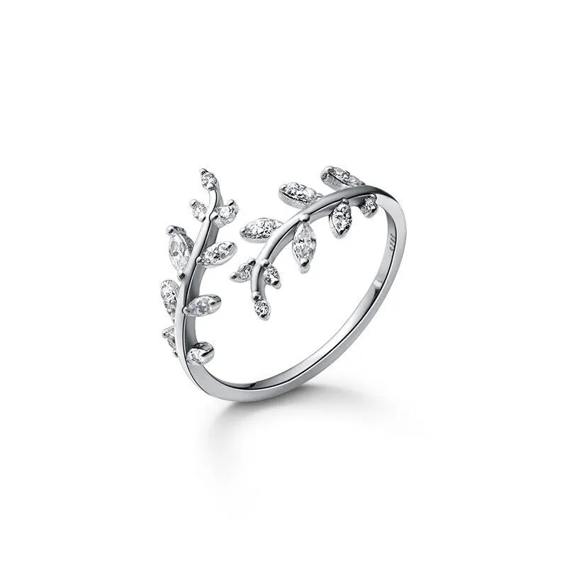 Nature-Inspired Zircon Leaf Branch Adjustable Rings