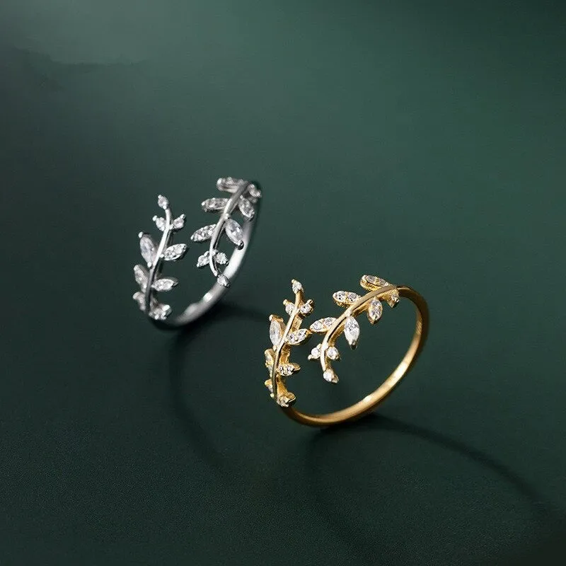 Nature-Inspired Zircon Leaf Branch Adjustable Rings