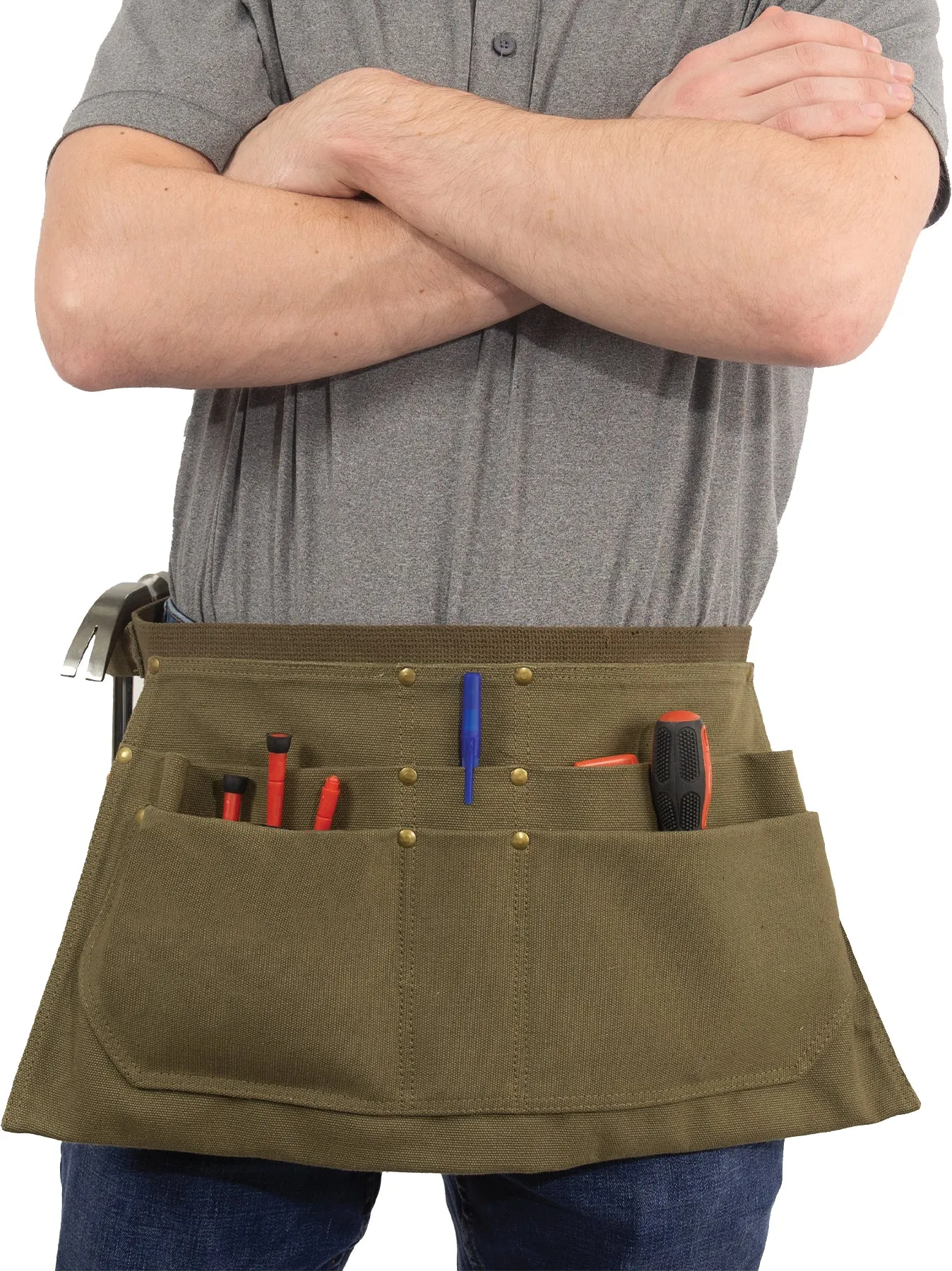 Olive Drab Canvas Waist Work Apron Garden Woodwork Waist Tool Belt with Six Pouches