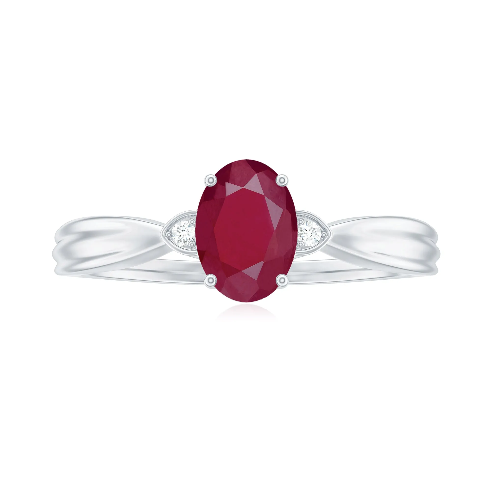 Oval Cut Real Ruby Solitaire Ring with Diamond