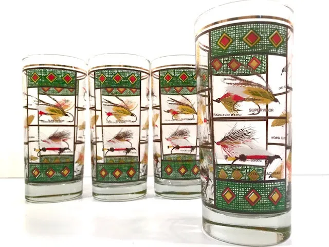 Vintage Fly Fishing Lure Highball Glasses (Set of 4)