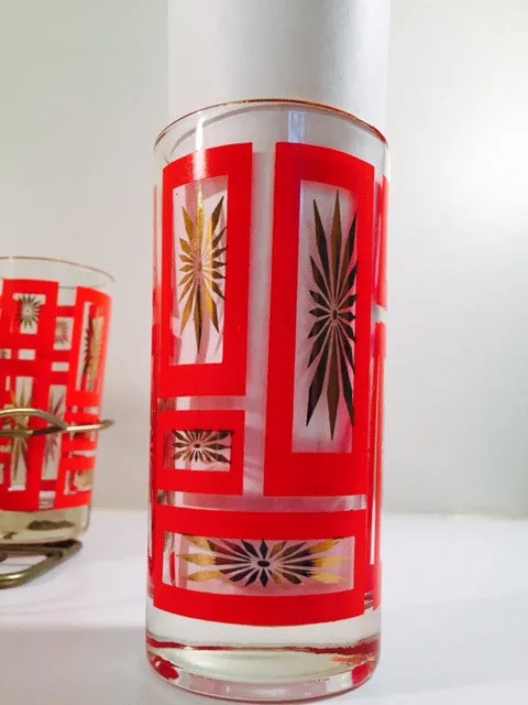 Vintage Mid-Century Jeannette Glassware Geometric Red and 22-Karat Gold Highball Glasses with Retro Carrier (Set of 8 plus Carrier)